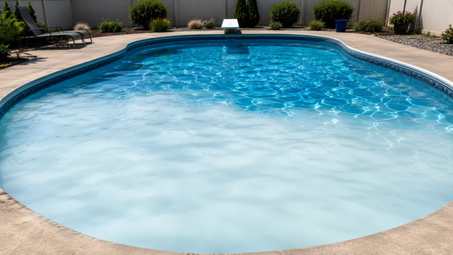 Milky cloudy pool water next to clear blue water in a residential pool