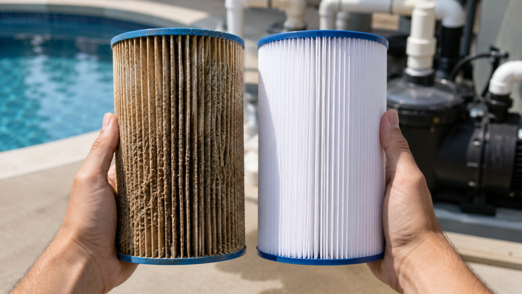 Clogged pool filter cartridge compared with a new clean cartridge