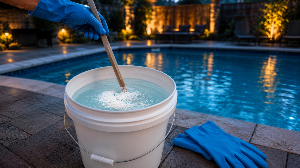 Cal-hypo pool shock granules being dissolved in a 5-gallon bucket of pool water at dusk