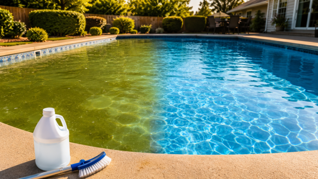 Split view of green algae pool water next to clear blue water after shock treatment