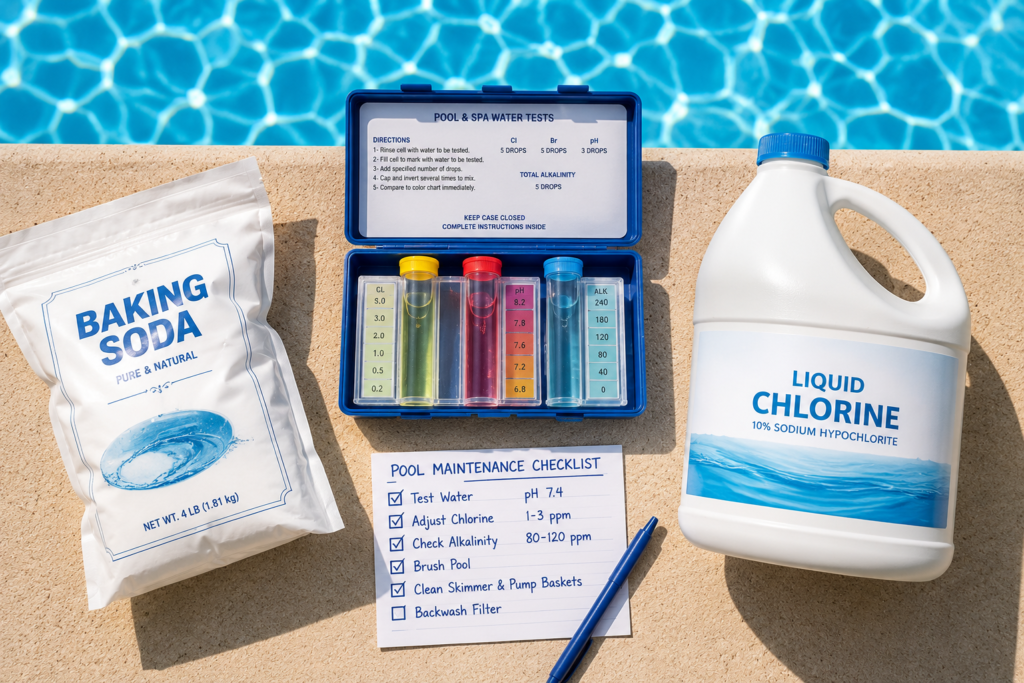 Pool test kit, baking soda, and chlorine arranged beside a pool for water balancing
