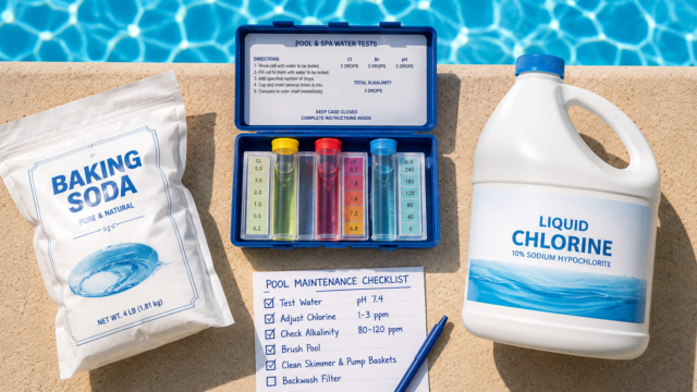 Pool test kit, baking soda, and chlorine arranged beside a pool for water balancing