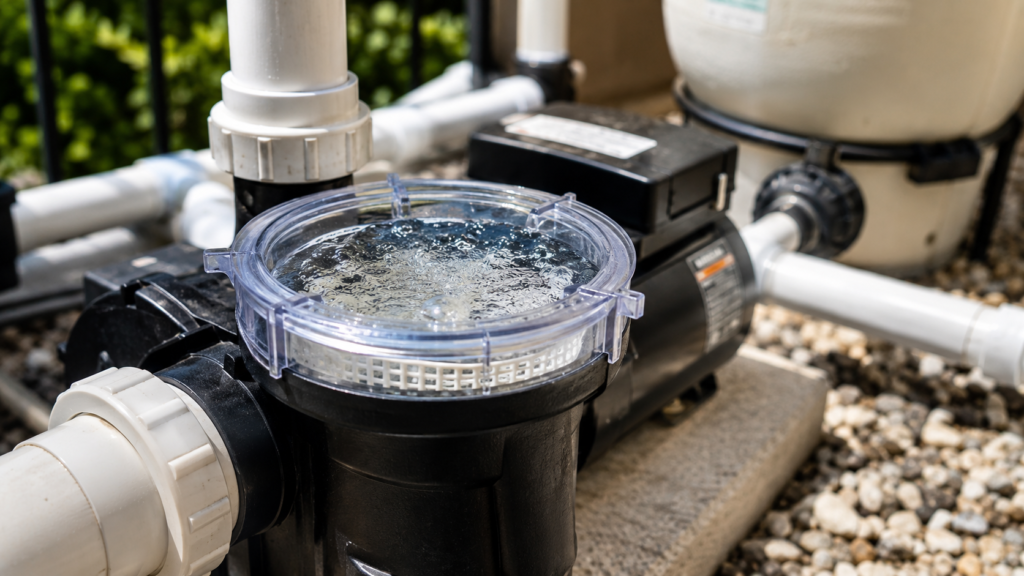 Pool pump strainer basket with air bubbles indicating a priming problem