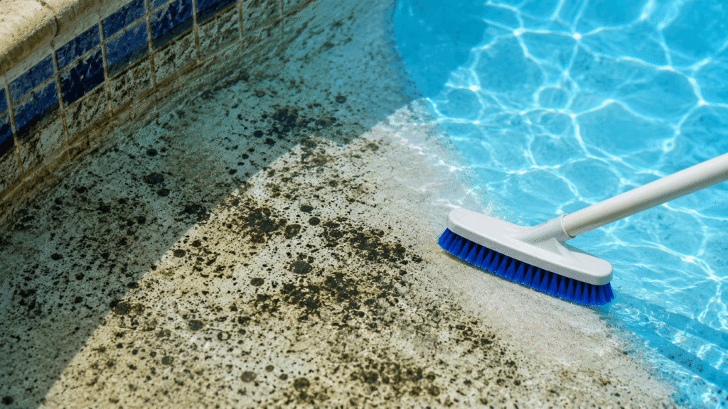 Close-up of black algae spots being scrubbed from a swimming pool surface with a pool brush