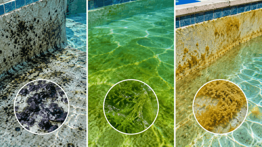 Realistic comparison of black, green, and mustard algae growing on swimming pool surfaces