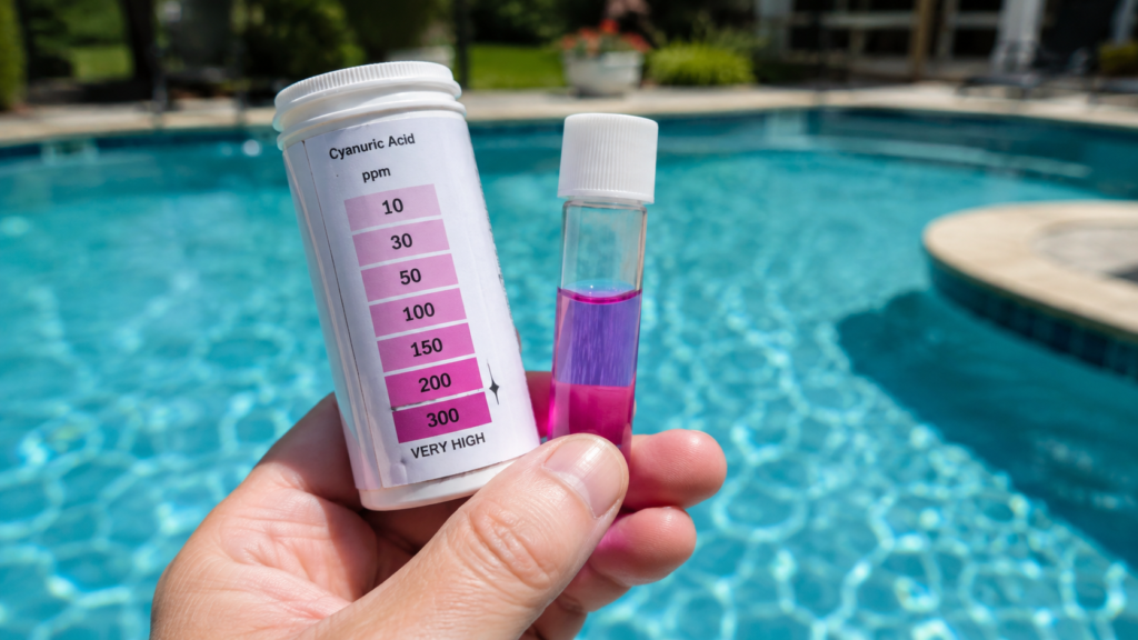 Pool test kit showing cyanuric acid too high reading in swimming pool water