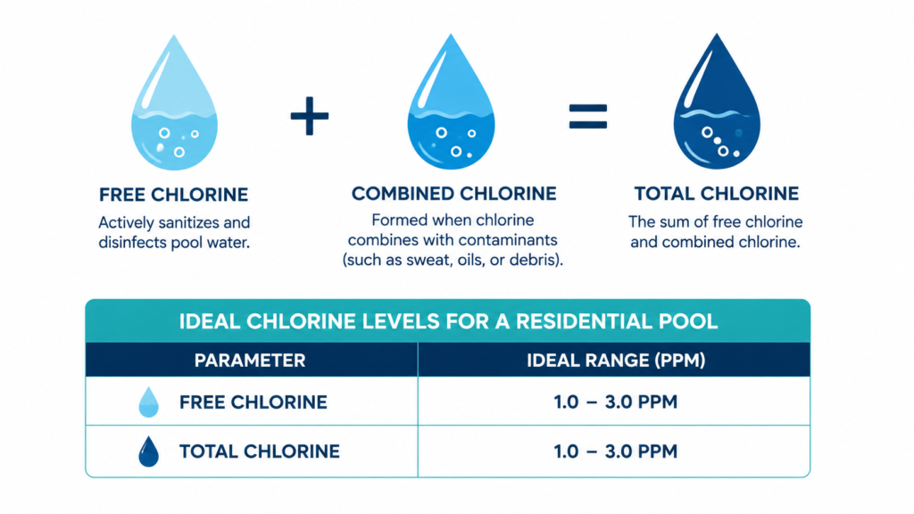 Free chlorine vs total chlorine formula and ideal ppm level chart