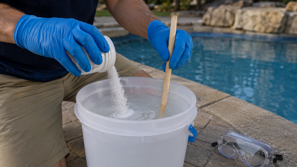 How much shock to add to pool — dissolving granular shock in a bucket before pouring