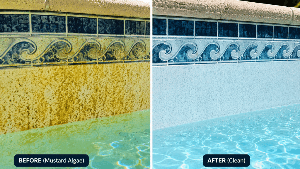 Mustard algae on a pool wall before treatment compared with a clean pool wall after treatment