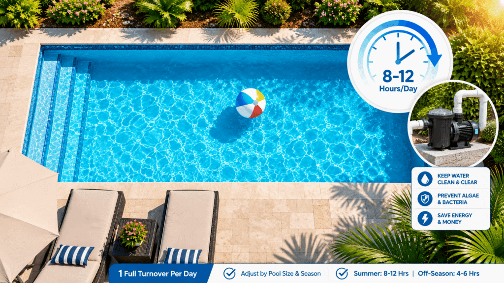Pool pump run time by pool size and season, with an 8–12 hour summer recommendation