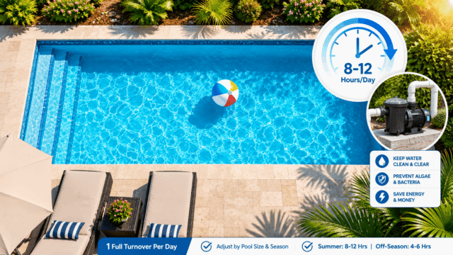 Pool pump run time by pool size and season, with an 8–12 hour summer recommendation