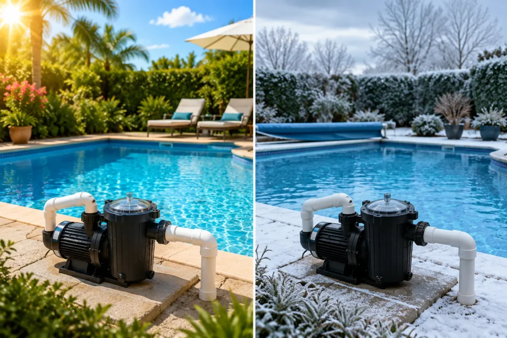 Residential pool pump shown in summer and off-season conditions