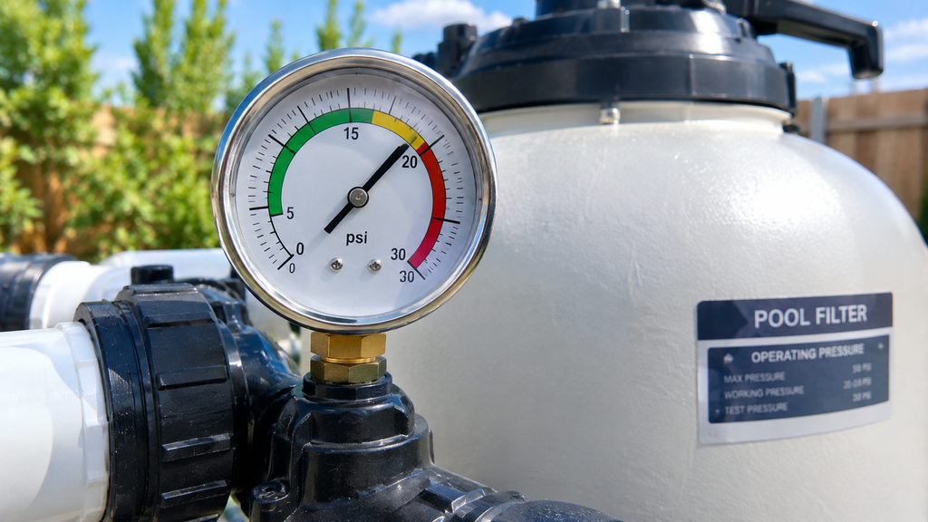 Pressure gauge reading 8-10 PSI above normal, the sign it's time to backwash a sand filter