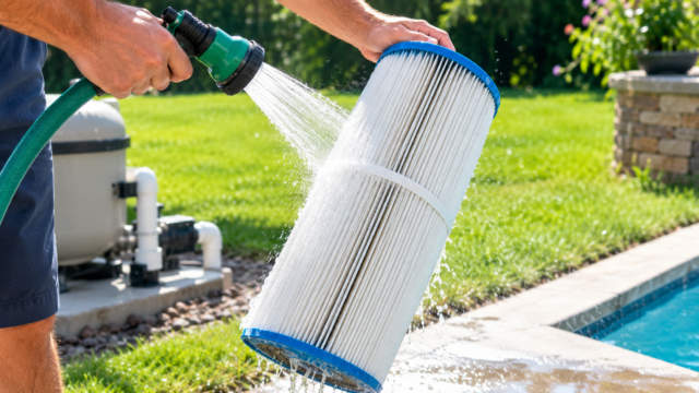 How to clean a pool filter cartridge — hosing down the pleats step by step