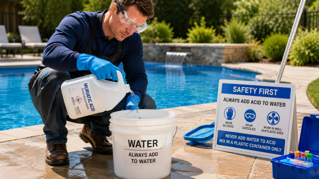 how to lower pH in a pool — safely diluting muriatic acid before adding it