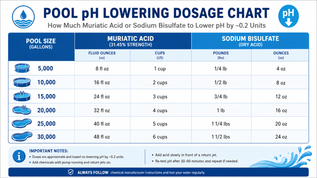 how to lower pH in a pool — dosage chart for muriatic acid and sodium bisulfate