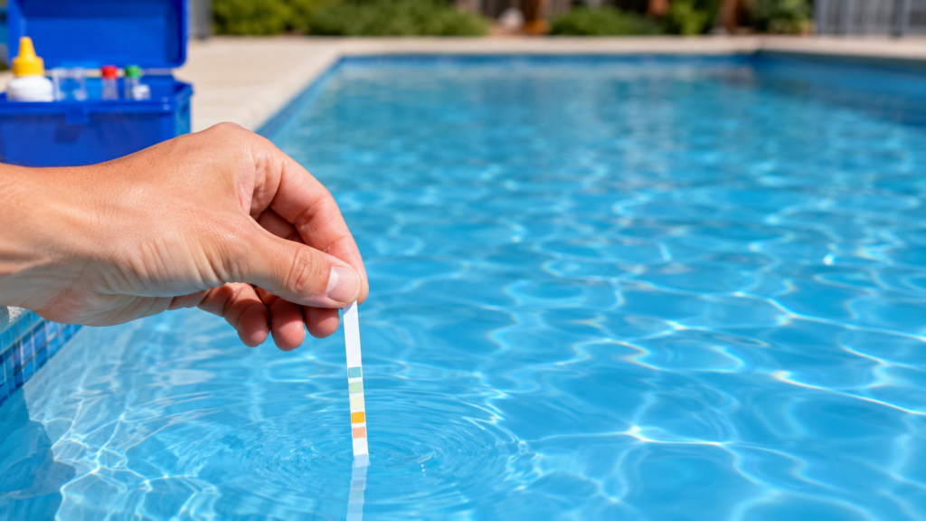 how to lower pH in a pool — testing water with a strip before adding acid