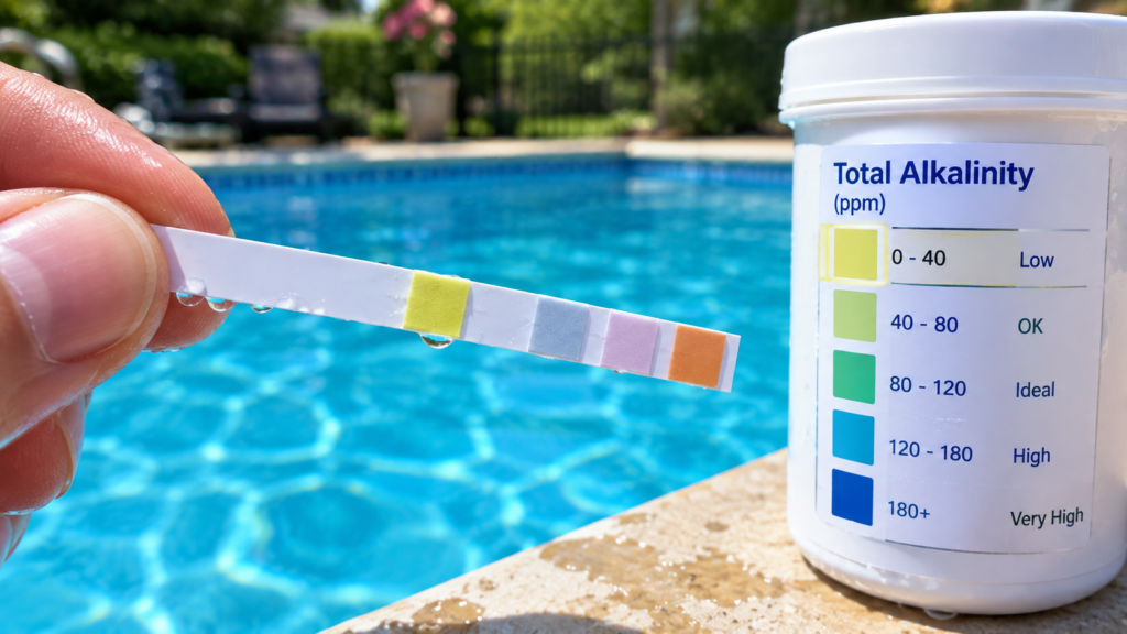 Low alkalinity test strip reading — sign you need to raise alkalinity in pool