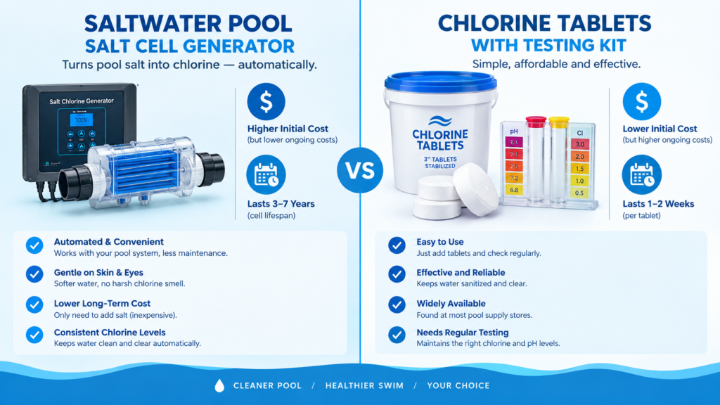 Saltwater vs chlorine pool cost and maintenance comparison infographic