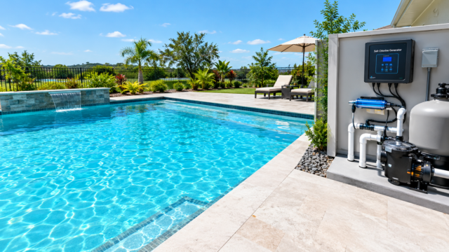 Saltwater vs chlorine pool equipment pad with salt chlorine generator