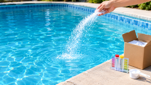 Hand sprinkling baking soda in pool water next to a test kit