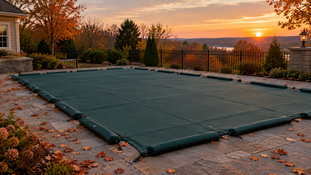 How to close inground pool for winter: pool with a solid winter cover in autumn