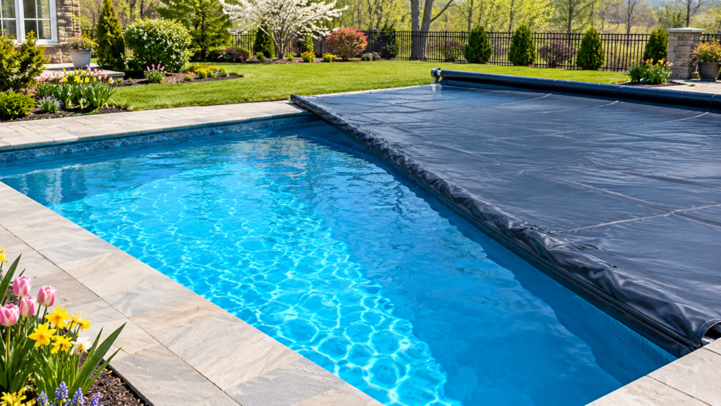 How to open pool after winter: removing the winter cover from a clear inground pool in spring
