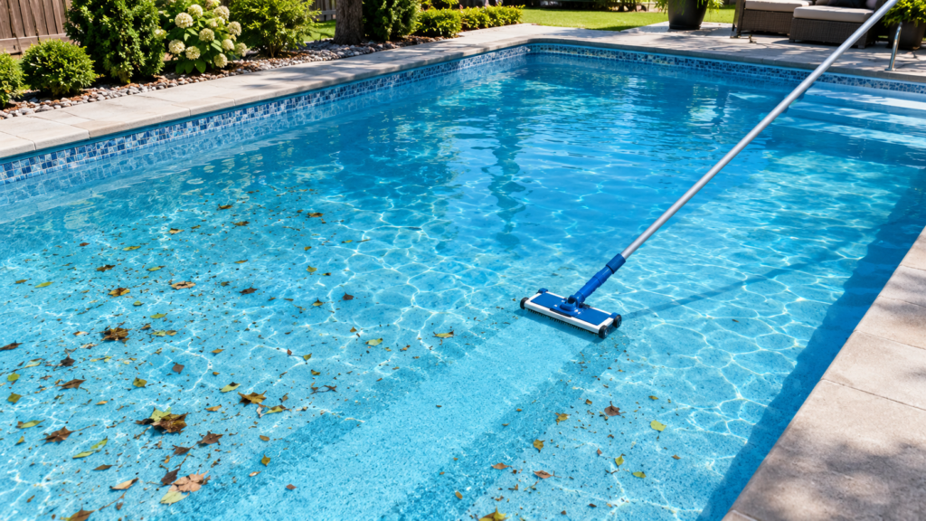 How to vacuum a pool: manual vacuum head on a telescopic pole cleaning the pool floor
