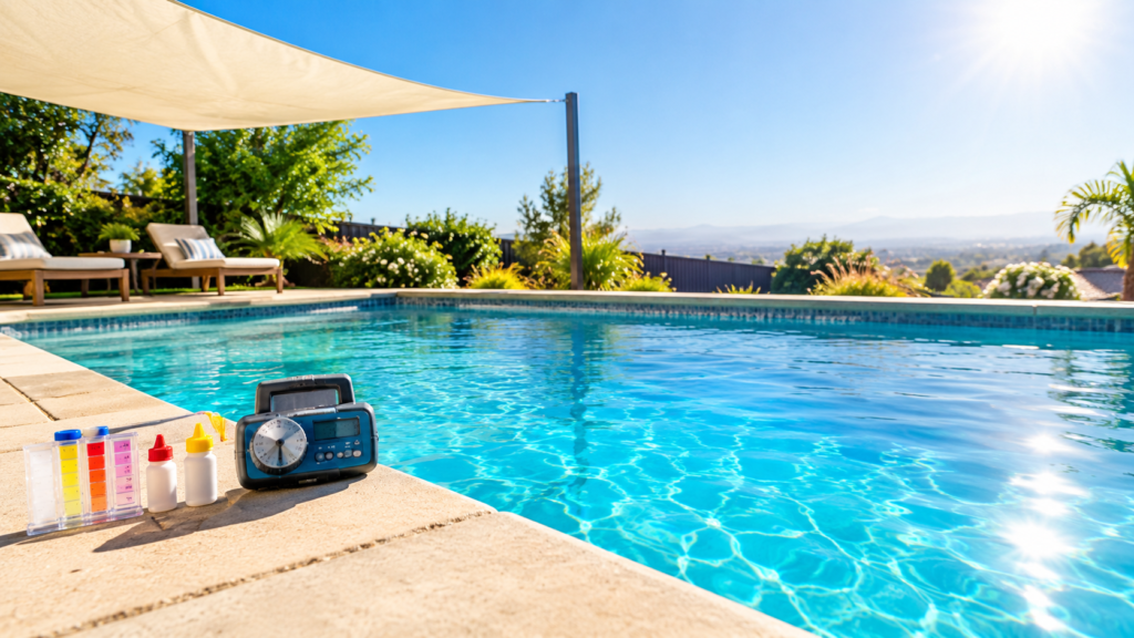 Backyard pool with shade sail during a pool care heat wave