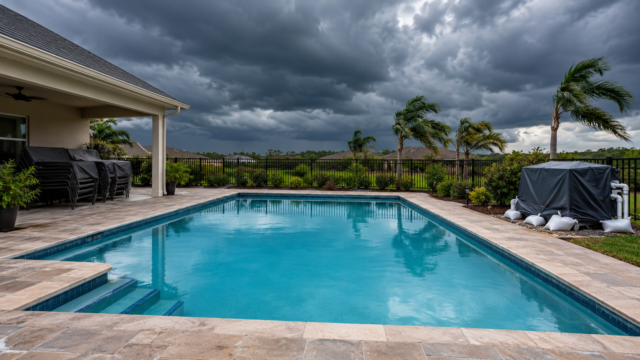 Backyard inground pool prepared for an approaching storm with furniture stored away